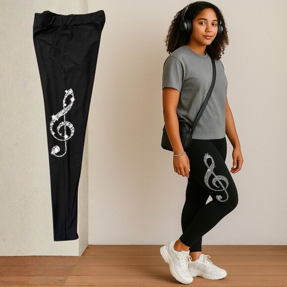Stylish Black Leggings Sz L With Rhinestone Treble Clef Graphic Musiccore Glam - Picture 4 of 10